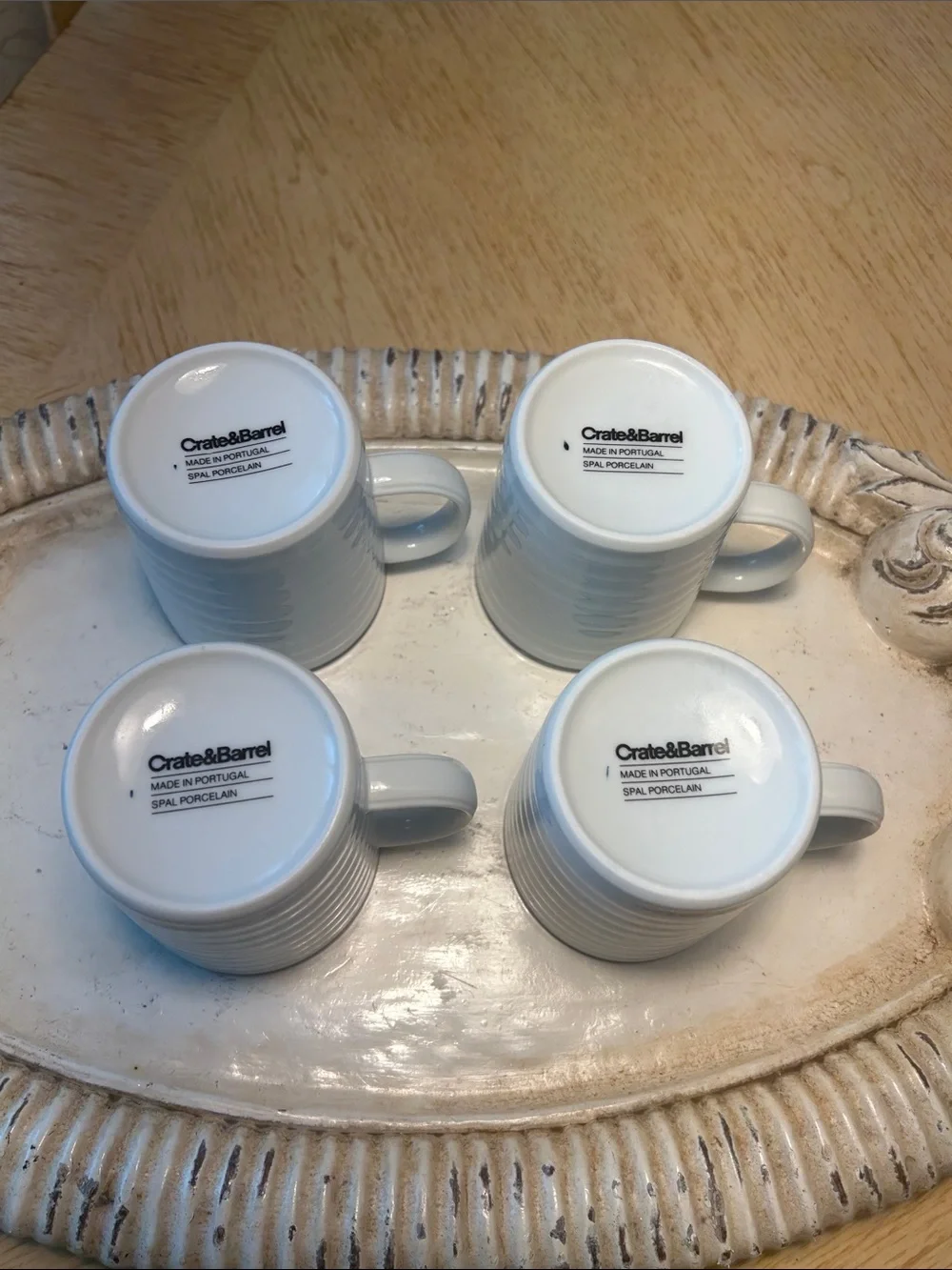 Crate&Barrel White Ceramic Mugs with Navy Rim - Set of 4
